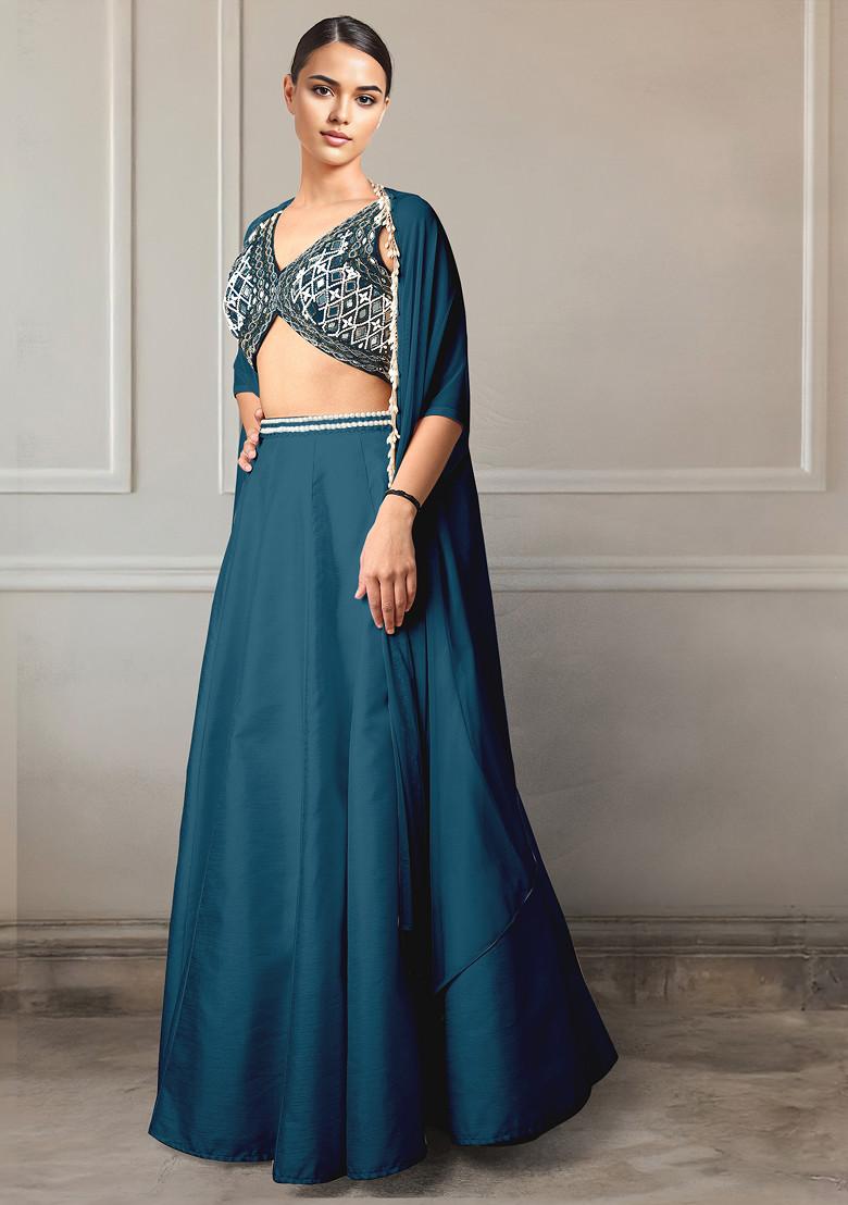 Blue Lehenga Set With Hand Embroidered Blouse And Jacket