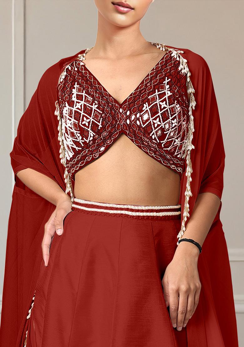 Maroon Lehenga Set With Hand Embroidered Blouse And Jacket