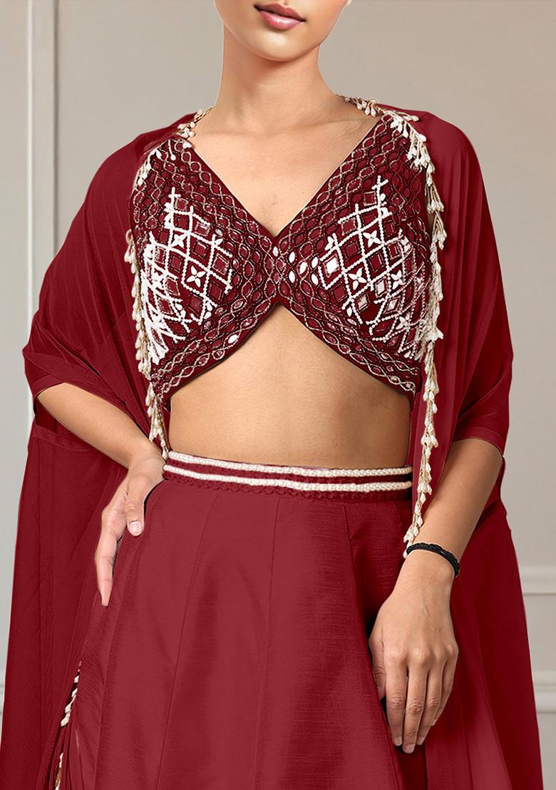Maroon Lehenga Set With Hand Embroidered Blouse And Jacket
