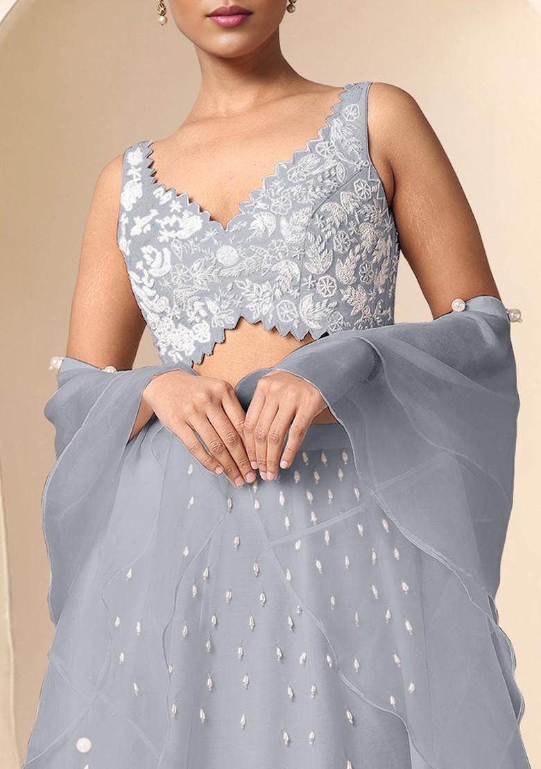 Grey Lehenga Set With Hand Embroidered Blouse And Dupatta