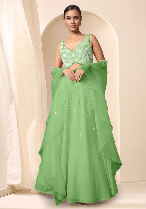 Green Lehenga Set With Hand Embroidered Blouse And Dupatta