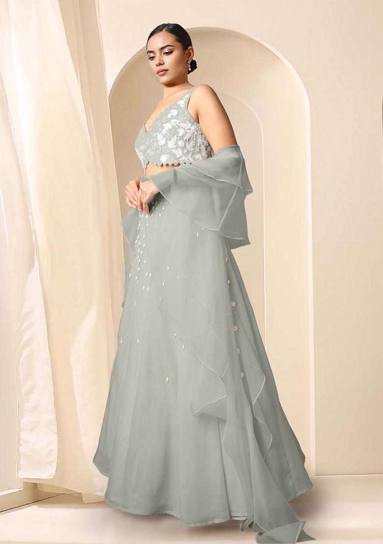 Grey Lehenga Set With Hand Embroidered Blouse And Dupatta