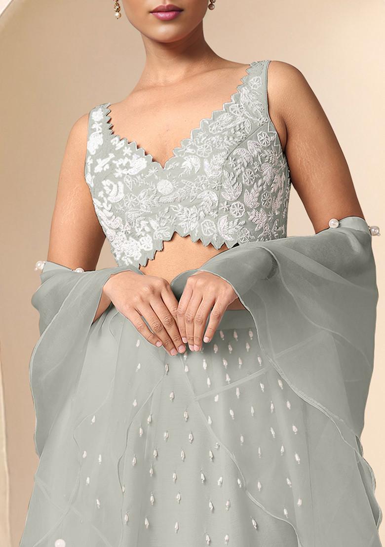 Grey Lehenga Set With Hand Embroidered Blouse And Dupatta