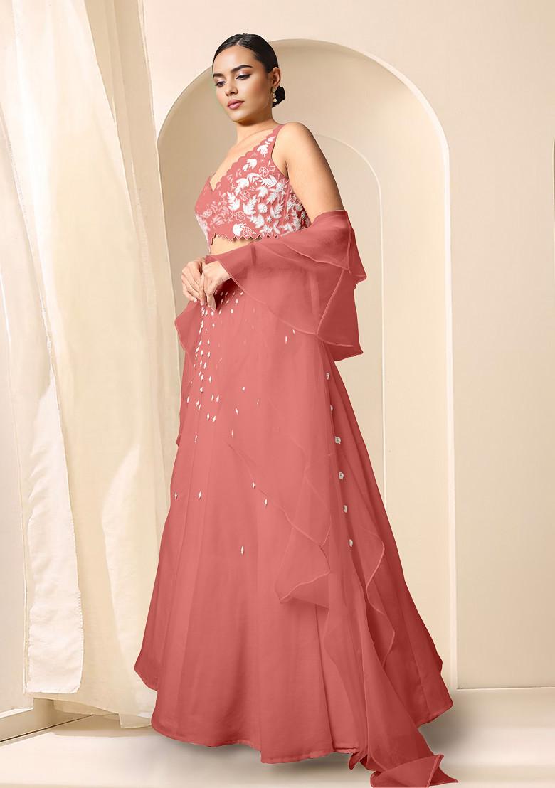 Coral Lehenga Set With Hand Embroidered Blouse And Dupatta