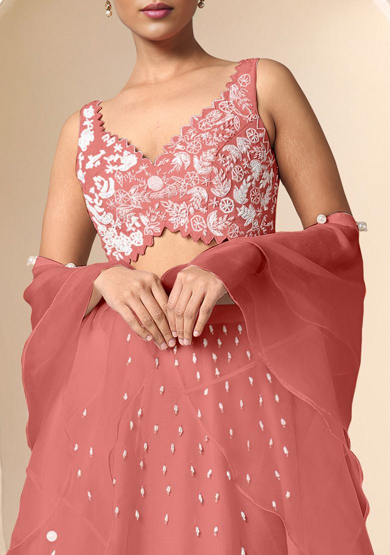 Coral Lehenga Set With Hand Embroidered Blouse And Dupatta