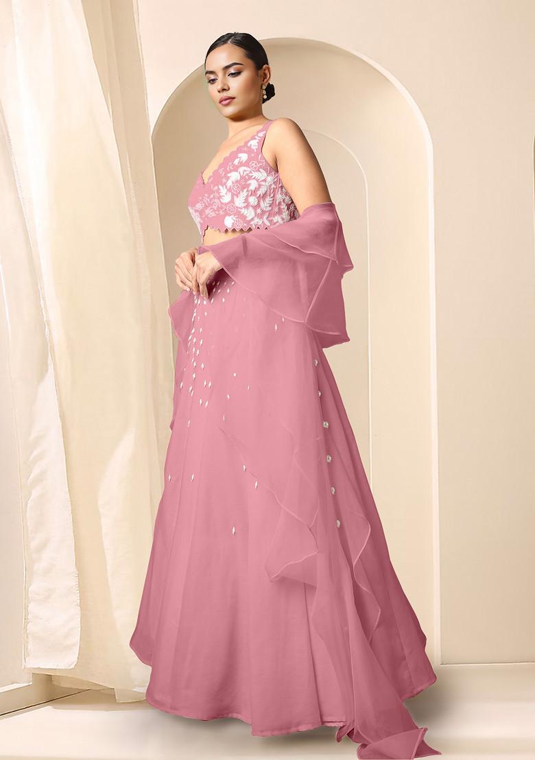 Pink Lehenga Set With Hand Embroidered Blouse And Dupatta