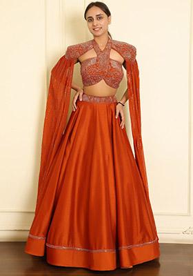 Orange Lehenga Set With Hand Embroidered Blouse