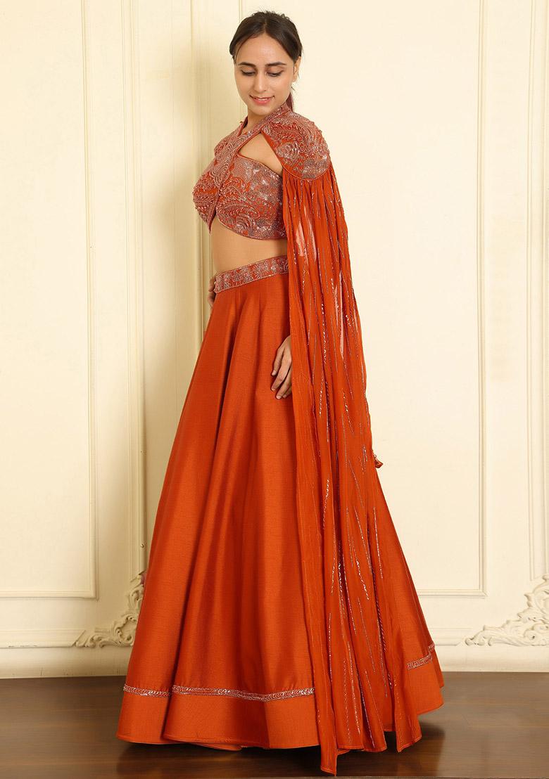 Orange Lehenga Set With Hand Embroidered Blouse