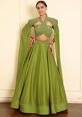 Green Lehenga Set With Hand Embroidered Blouse
