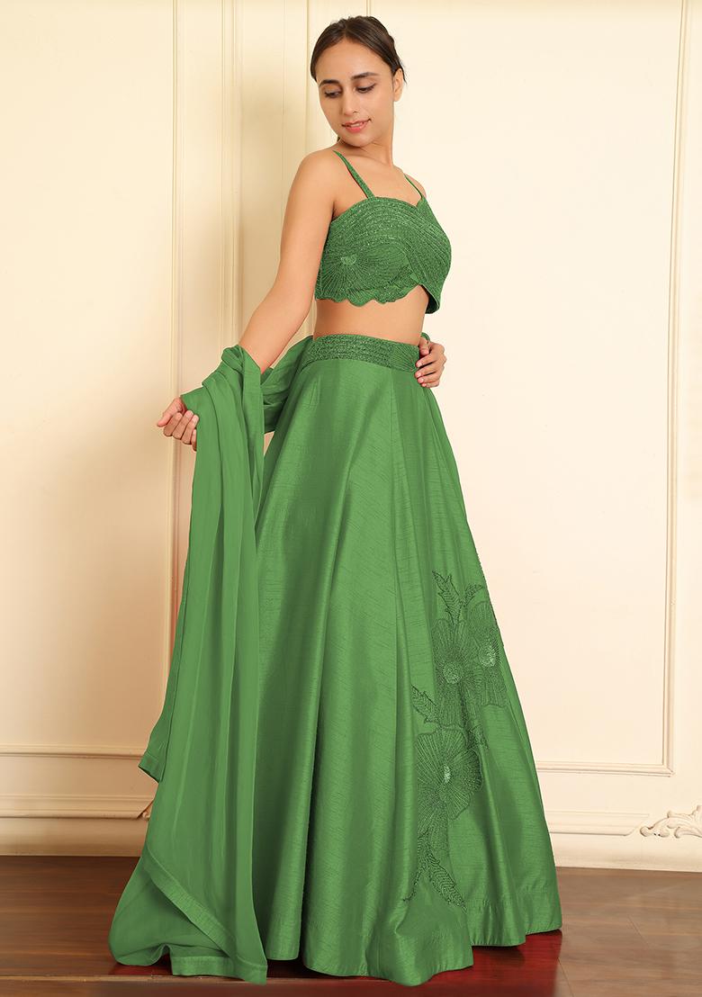 Green Lehenga Set With Hand Embroidered Blouse And Dupatta