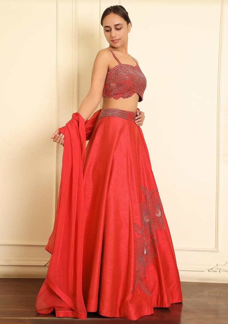 Orange Lehenga Set With Hand Embroidered Blouse And Dupatta