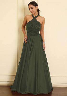 Olive Lehenga Set With Hand Embroidered Blouse