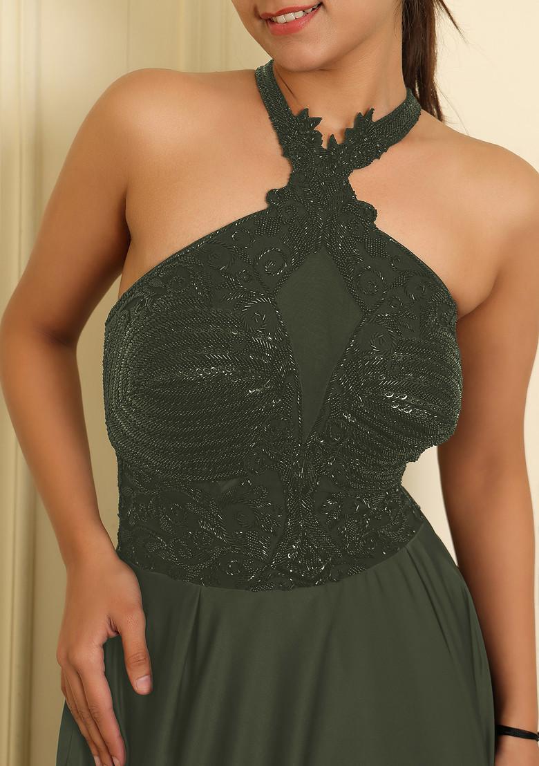 Olive Lehenga Set With Hand Embroidered Blouse