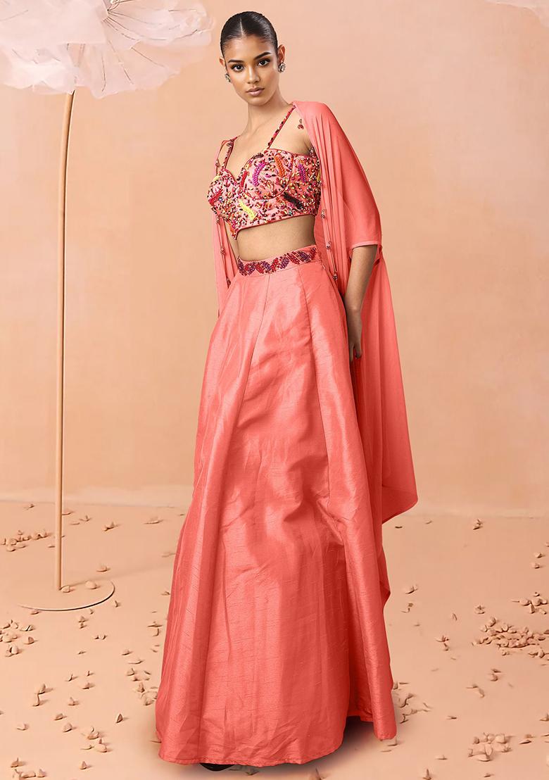 Peach Lehenga Set With Hand Embroidered Blouse And Dupatta