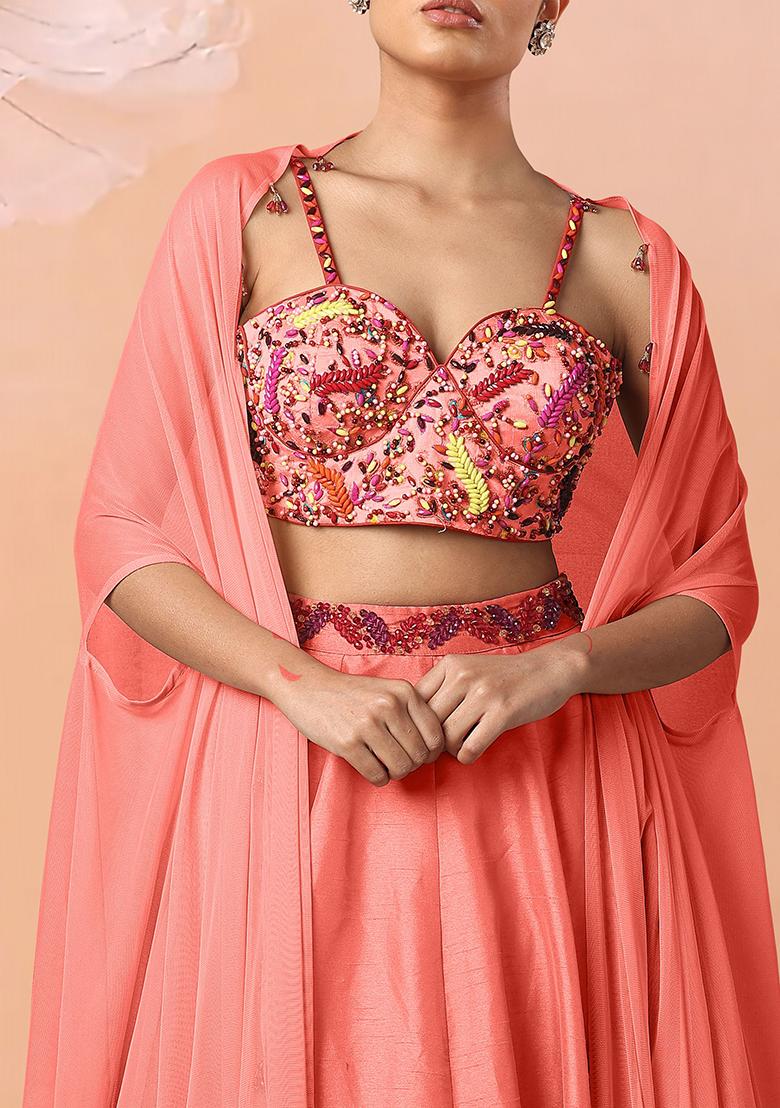 Peach Lehenga Set With Hand Embroidered Blouse And Dupatta