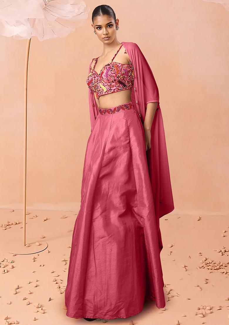 Pink Lehenga Set With Hand Embroidered Blouse And Dupatta