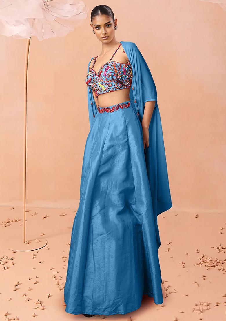 Blue Lehenga Set With Hand Embroidered Blouse And Dupatta