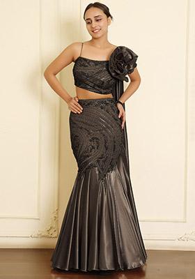 Black Lehenga Set With Hand Embroidered Blouse And Dupatta