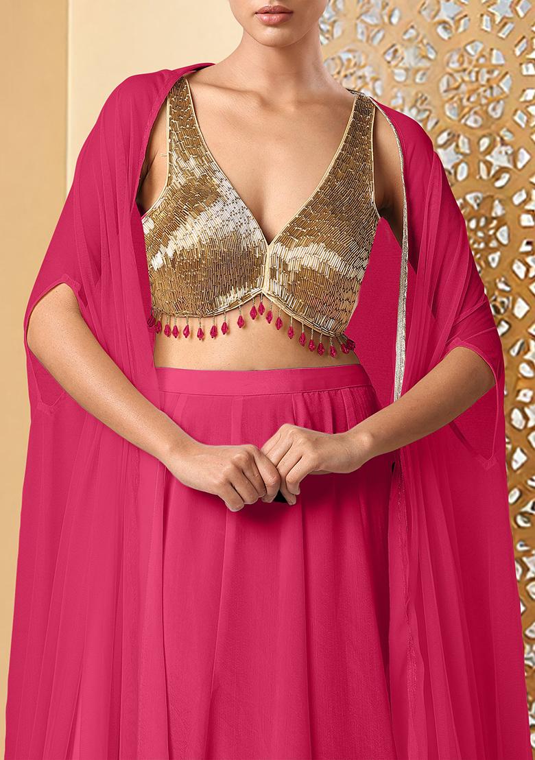 Pink Lehenga Set With Hand Embroidered Blouse And Jacket