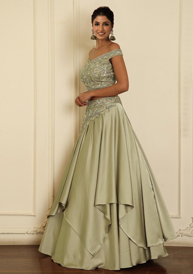 Green Lehenga Set With Hand Embroidered Blouse