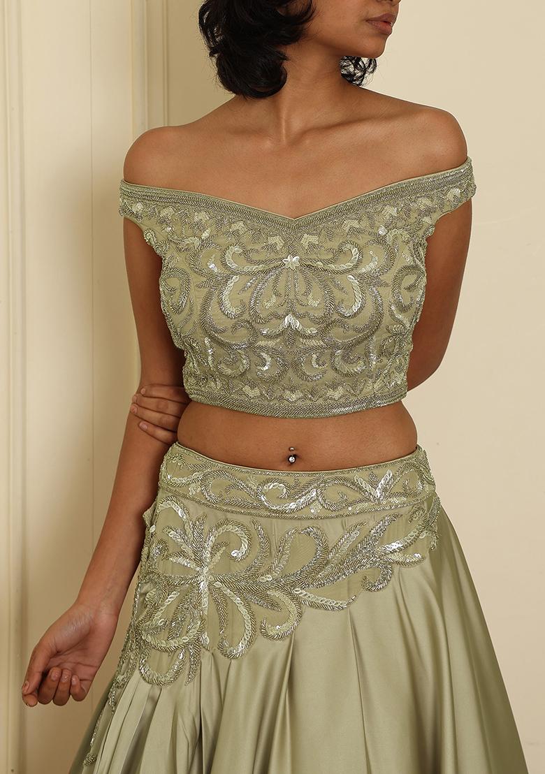 Green Lehenga Set With Hand Embroidered Blouse