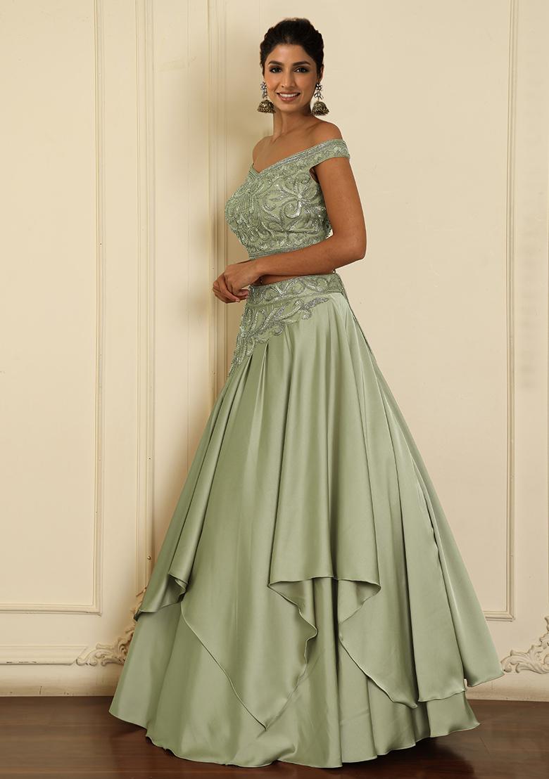 Olive Lehenga Set With Hand Embroidered Blouse