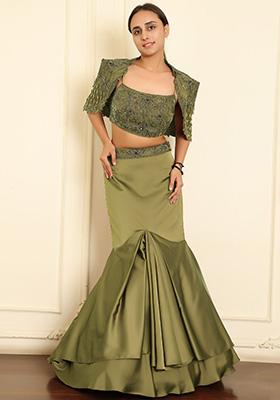 Olive Lehenga Set With Hand Embroidered Blouse And Dupatta