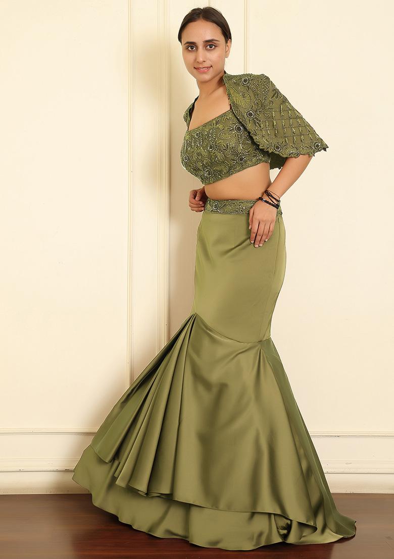 Olive Lehenga Set With Hand Embroidered Blouse And Dupatta