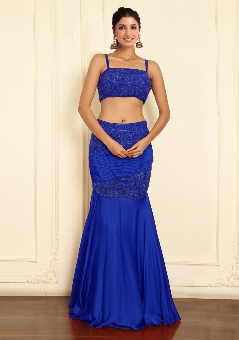 Blue Lehenga Set With Hand Embroidered Blouse