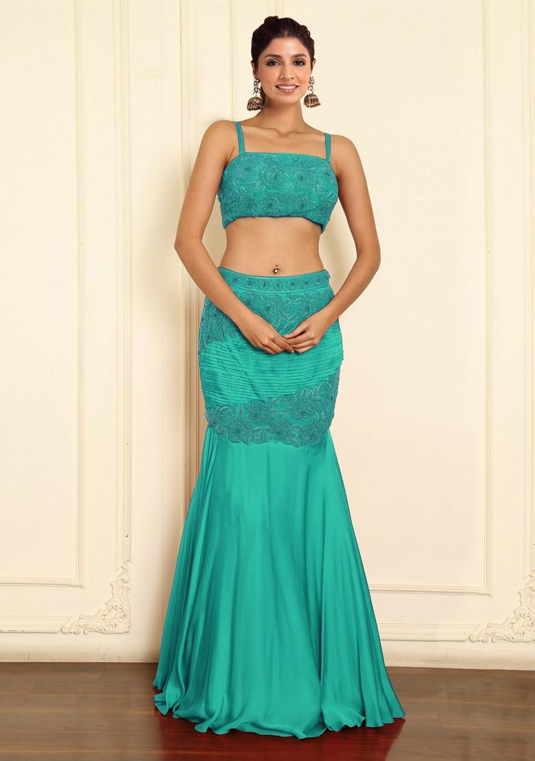 Green Lehenga Set With Hand Embroidered Blouse