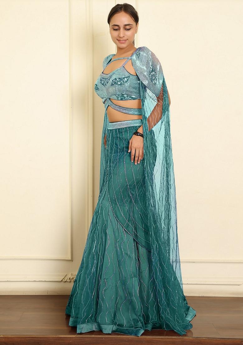 Blue Lehenga Set With Hand Embroidered Blouse And Dupatta