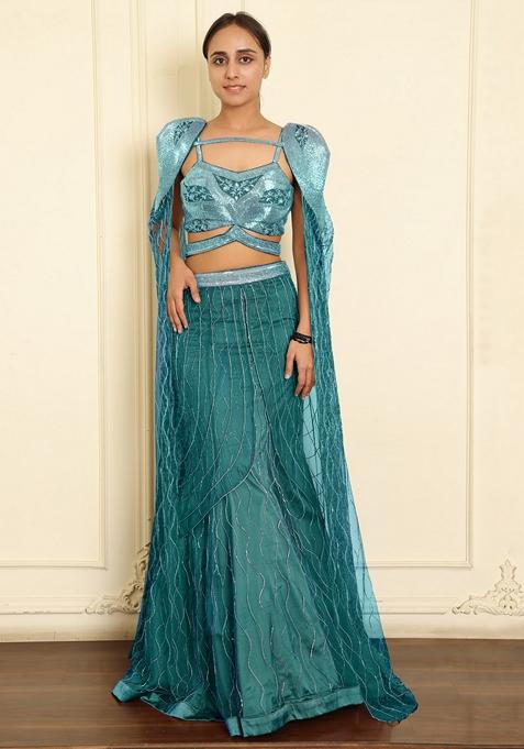 Blue Lehenga Set With Hand Embroidered Blouse And Dupatta