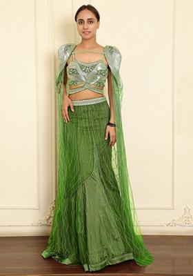 Green Lehenga Set With Hand Embroidered Blouse And Dupatta