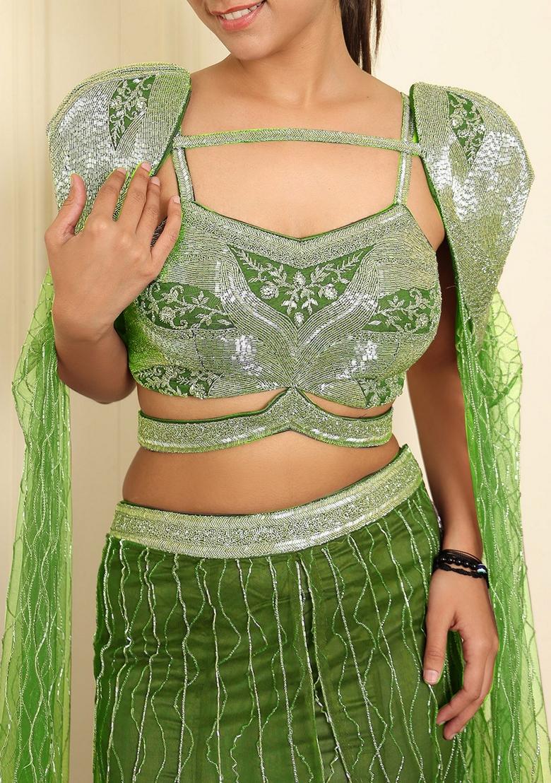 Green Lehenga Set With Hand Embroidered Blouse And Dupatta