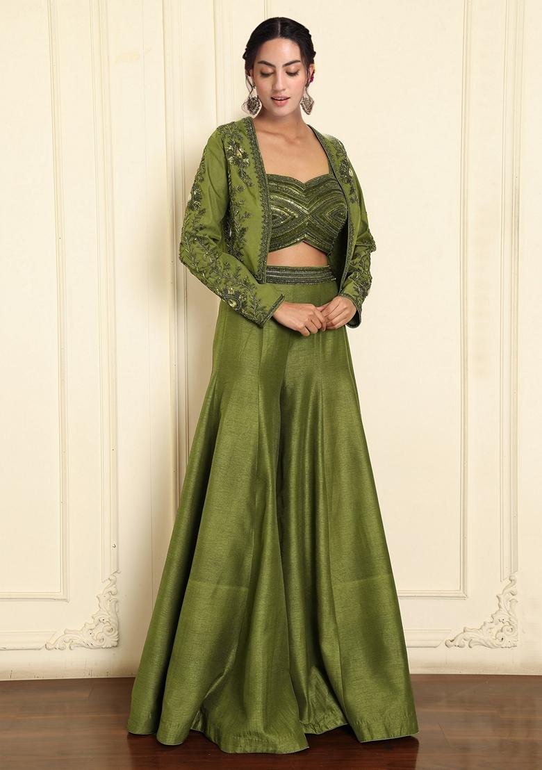 Green Lehenga Set With Hand Embroidered Blouse And Dupatta