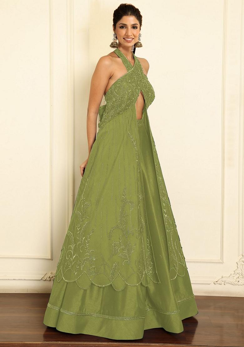 Olive Lehenga Set With Hand Embroidered Blouse