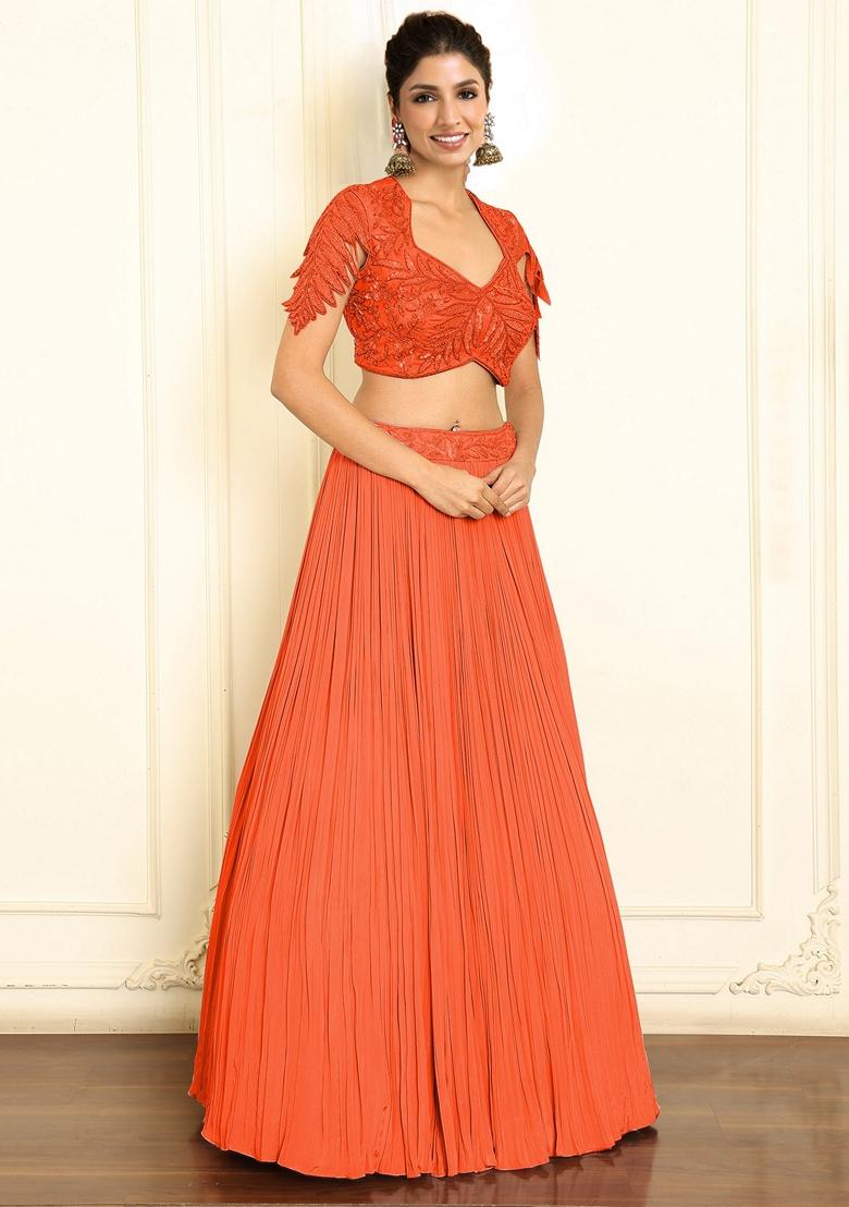 Orange Lehenga Set With Hand Embroidered Blouse