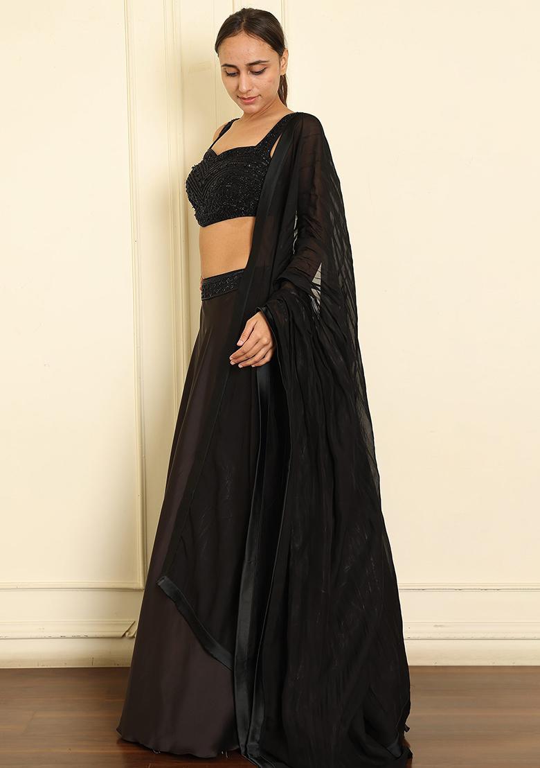 Black Lehenga Set With Hand Embroidered Blouse And Dupatta