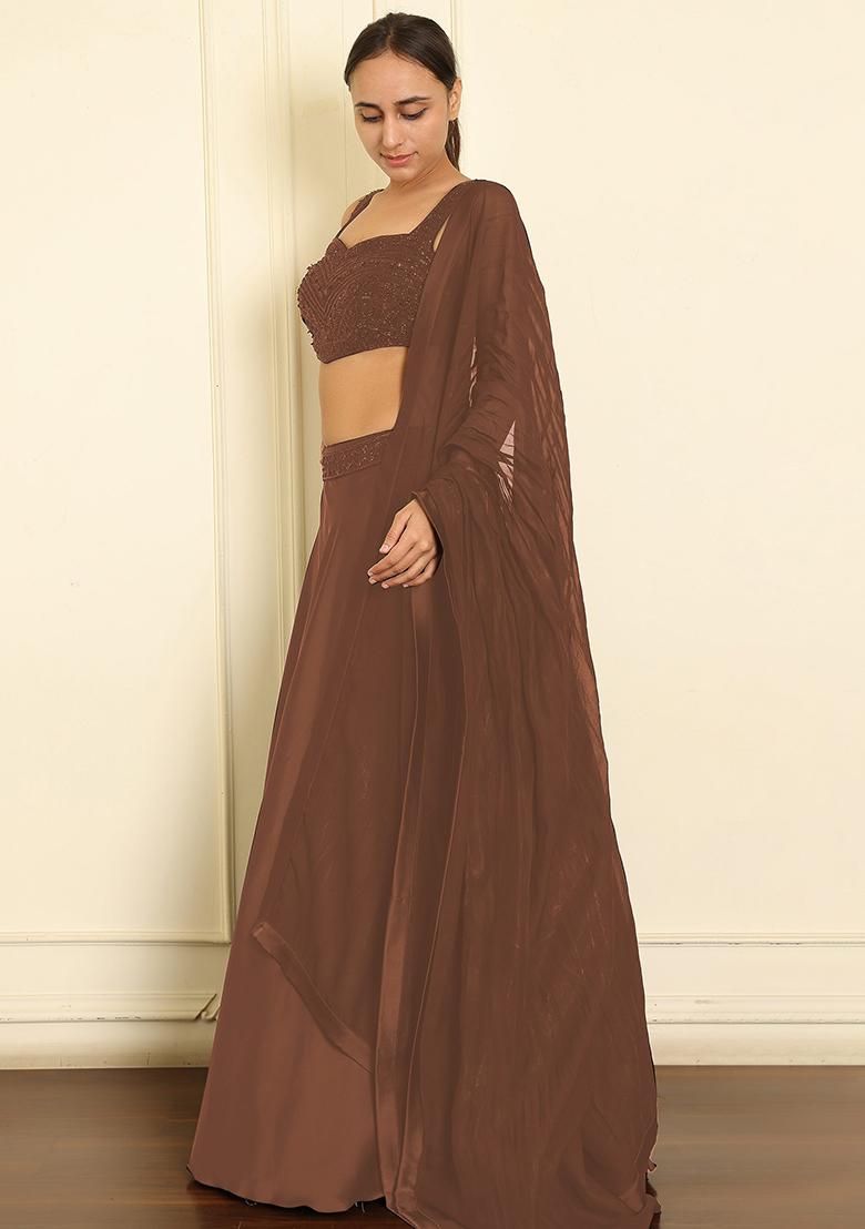 Brown Lehenga Set With Hand Embroidered Blouse And Dupatta