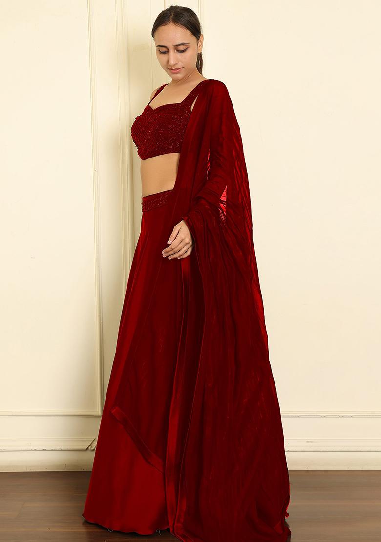 Red Lehenga Set With Hand Embroidered Blouse And Dupatta