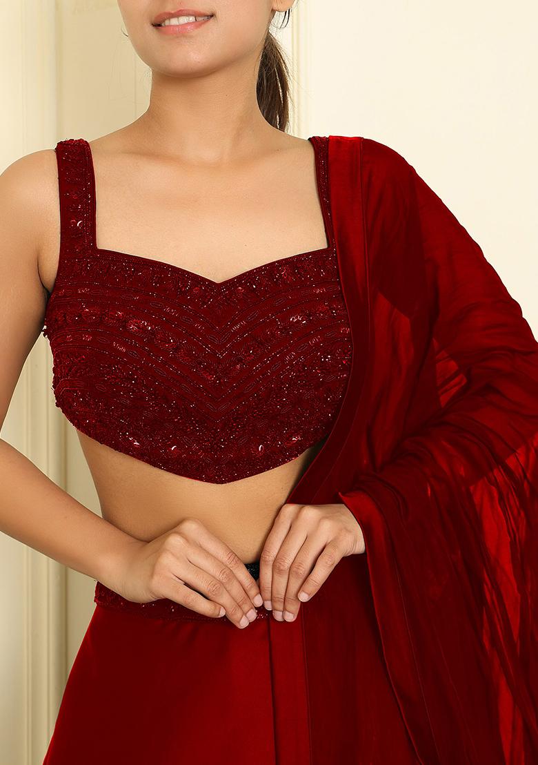 Red Lehenga Set With Hand Embroidered Blouse And Dupatta