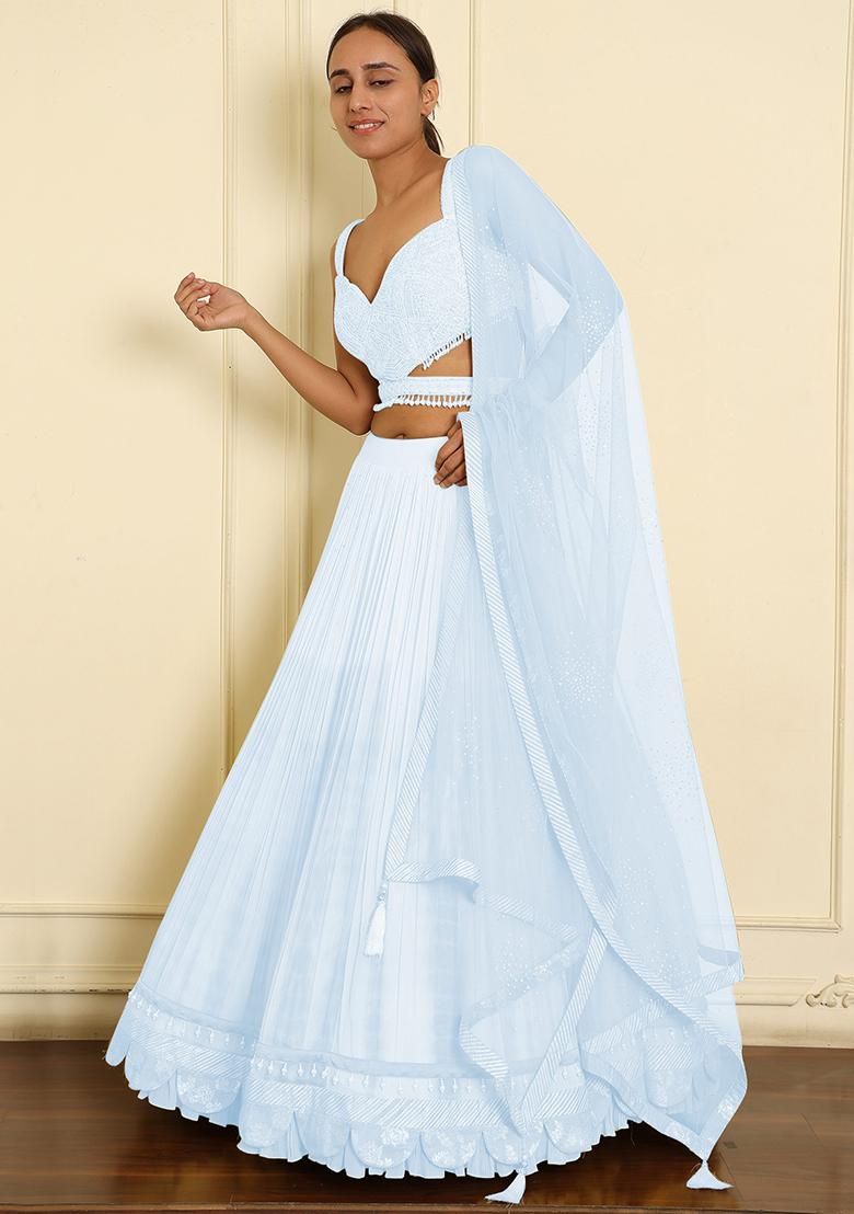 Blue Lehenga Set With Hand Embroidered Blouse And Dupatta