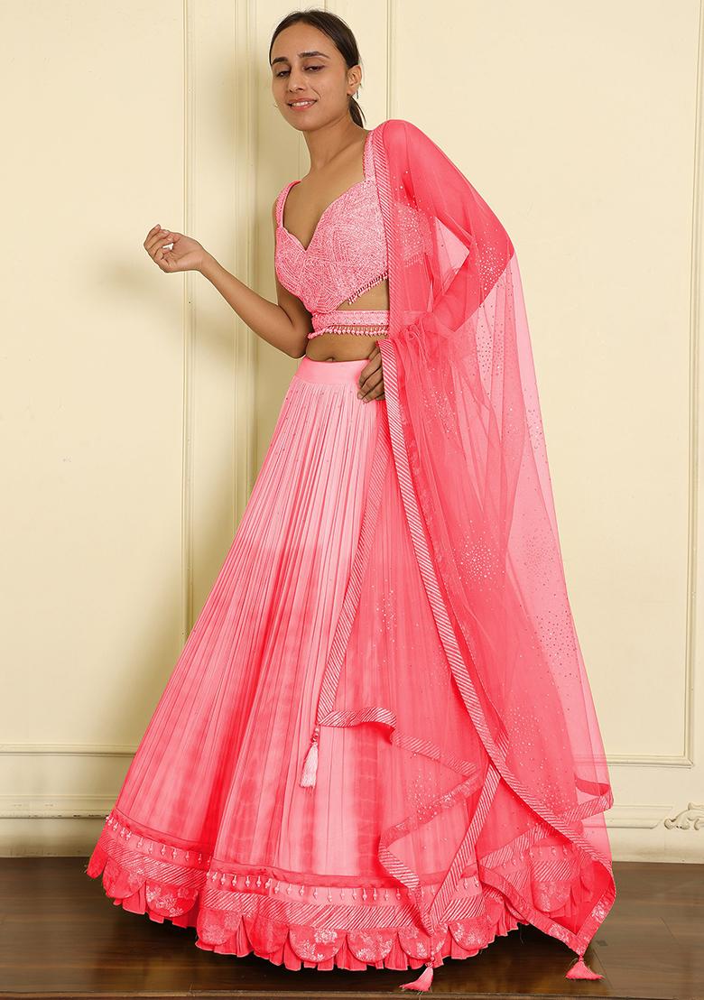 Pink Lehenga Set With Hand Embroidered Blouse And Dupatta