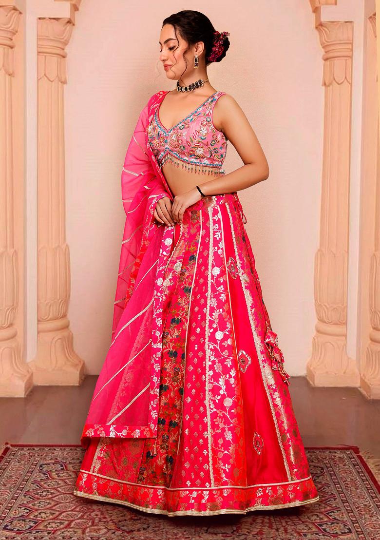 Pink Lehenga Set With Hand Embroidered Blouse And Dupatta