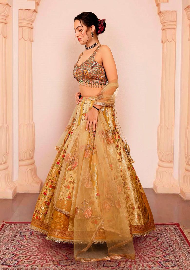 Gold Lehenga Set With Hand Embroidered Blouse And Dupatta