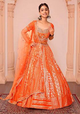 Orange Lehenga Set With Hand Embroidered Blouse And Dupatta