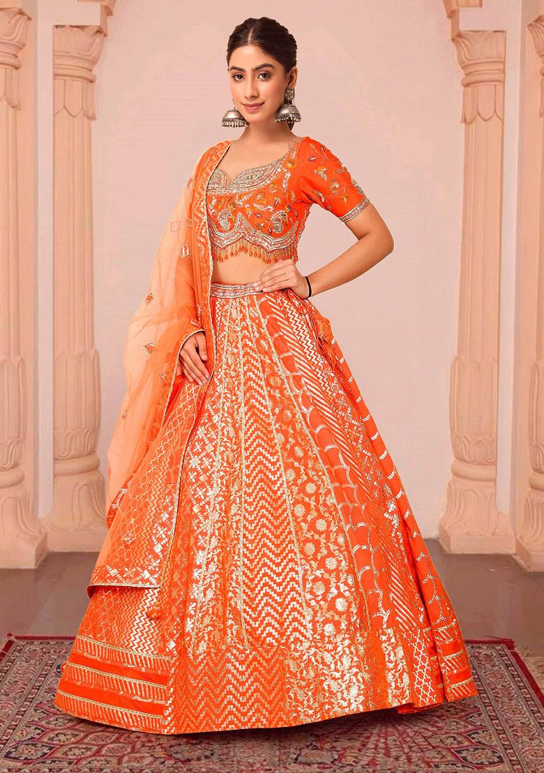 Orange Lehenga Set With Hand Embroidered Blouse And Dupatta