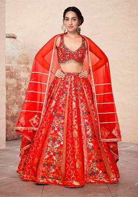 Red Lehenga Set With Hand Embroidered Blouse And Dupatta