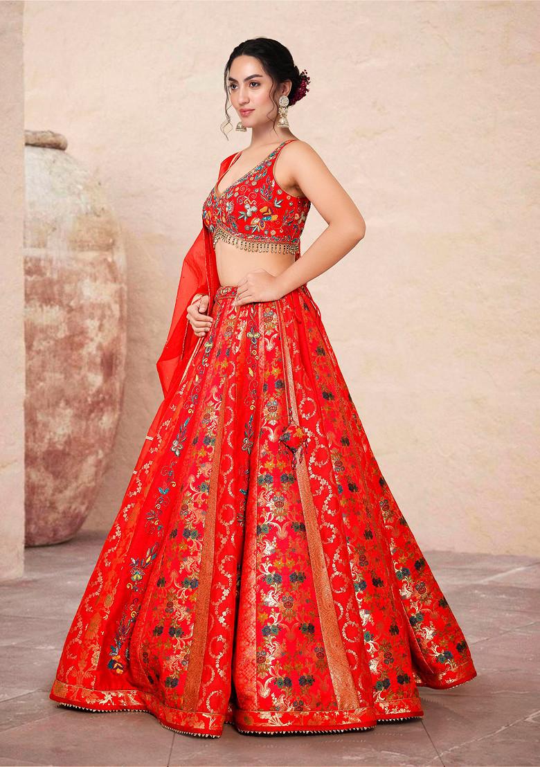 Red Lehenga Set With Hand Embroidered Blouse And Dupatta