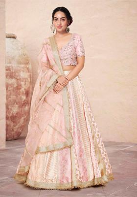 Pink Lehenga Set With Hand Embroidered Blouse And Dupatta